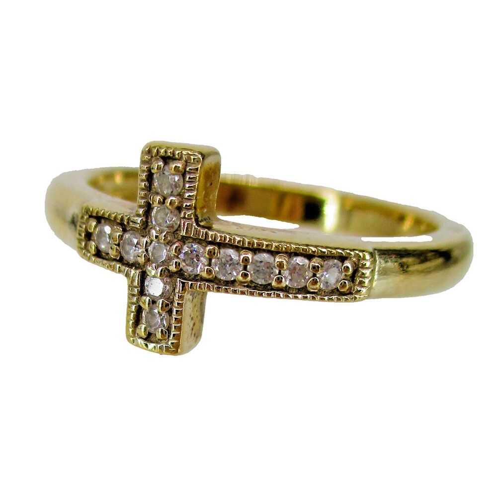 925 Sterling Silver Gold Vermeil Cross Ring CZ Pave Band Signed FE China Sz 7